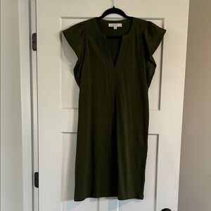 LOFT Olive Shift Dress with Pintuck V-Neck